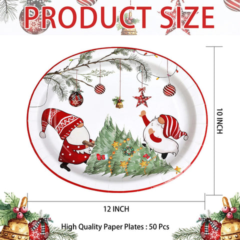50Pcs Xmas Gnomes Tree Oval Paper Plates - Grencian