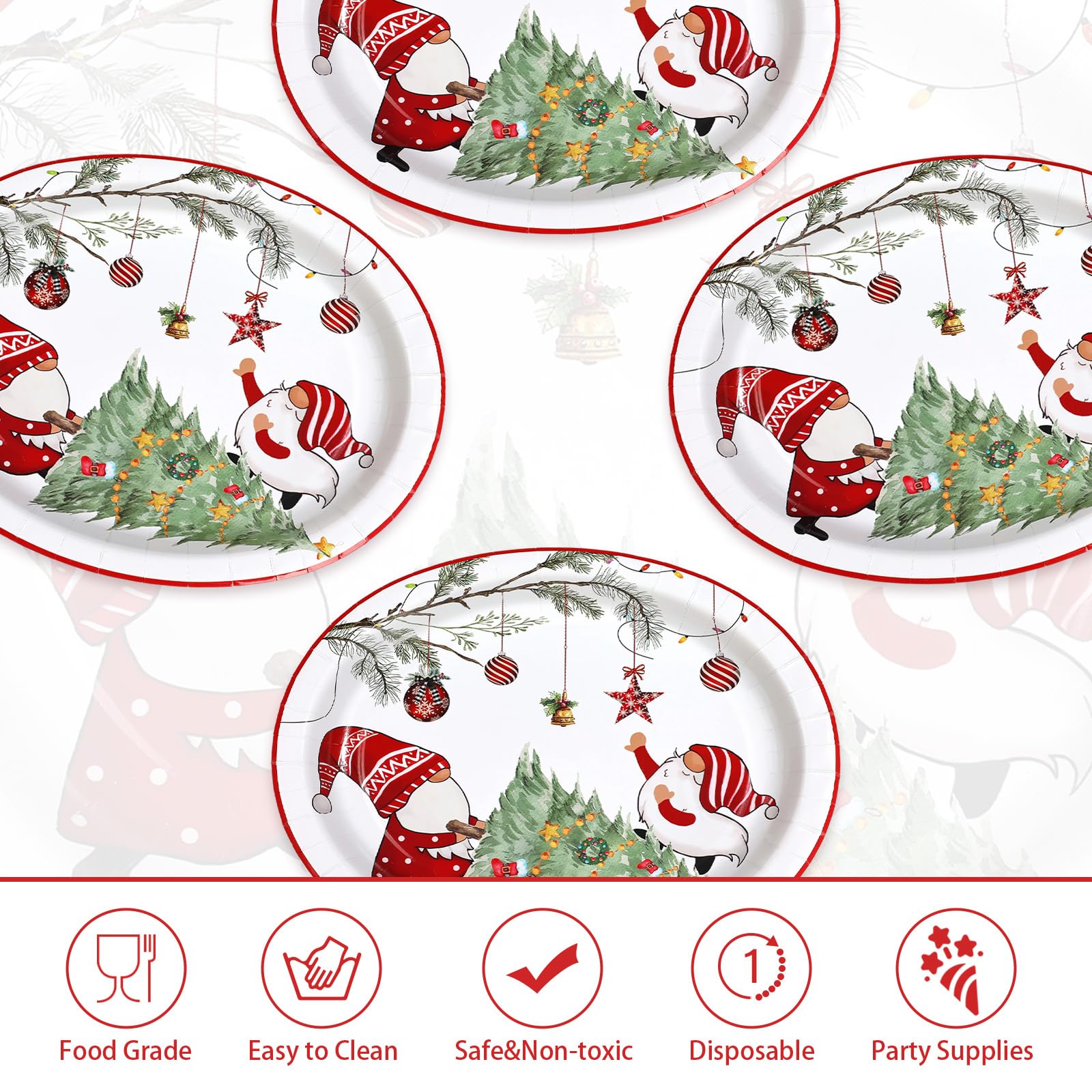 50Pcs Xmas Gnomes Tree Oval Paper Plates - Grencian