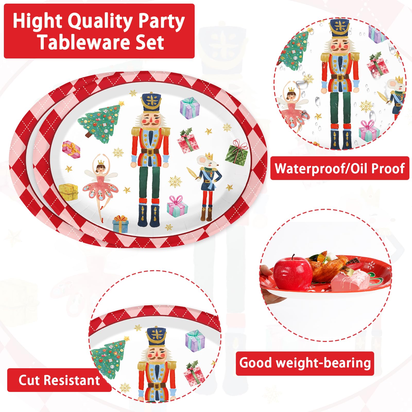 50Pcs Xmas Nutcrackers Tree Oval Paper Plates - Grencian