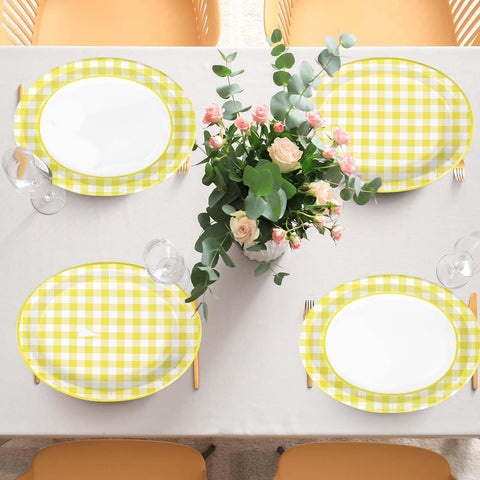50Pcs Yellow Gingham Oval Paper Plates - Grencian