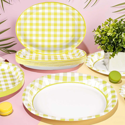 50Pcs Yellow Gingham Oval Paper Plates - Grencian