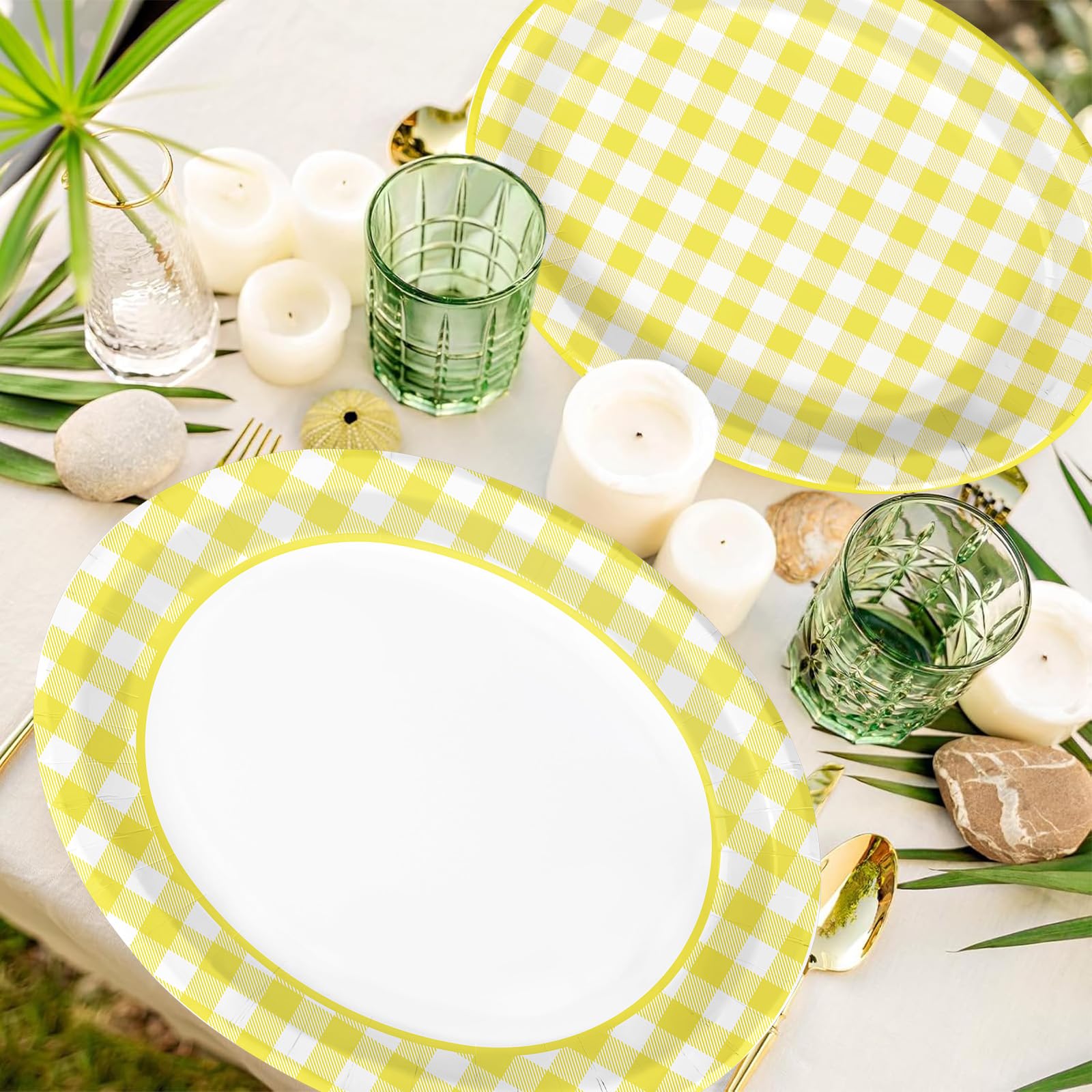 50Pcs Yellow Gingham Oval Paper Plates - Grencian