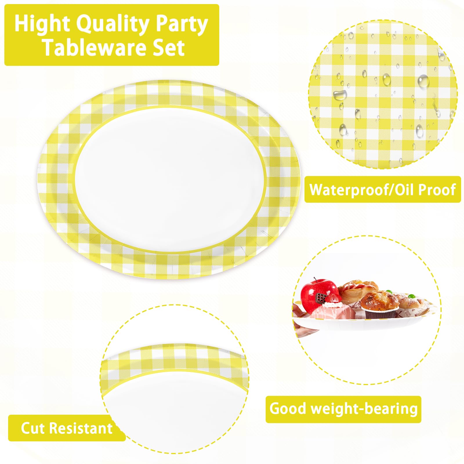 50Pcs Yellow Gingham Oval Paper Plates - Grencian