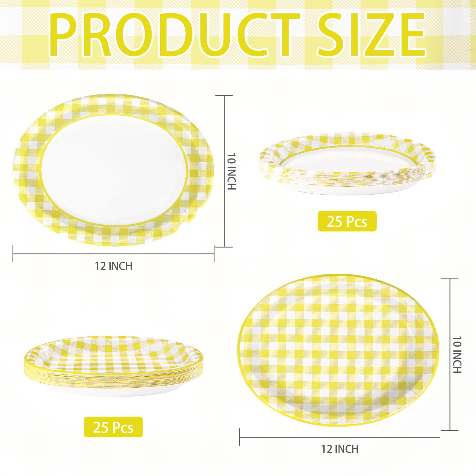 50Pcs Yellow Gingham Oval Paper Plates - Grencian