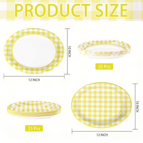 50Pcs Yellow Gingham Oval Paper Plates - Grencian