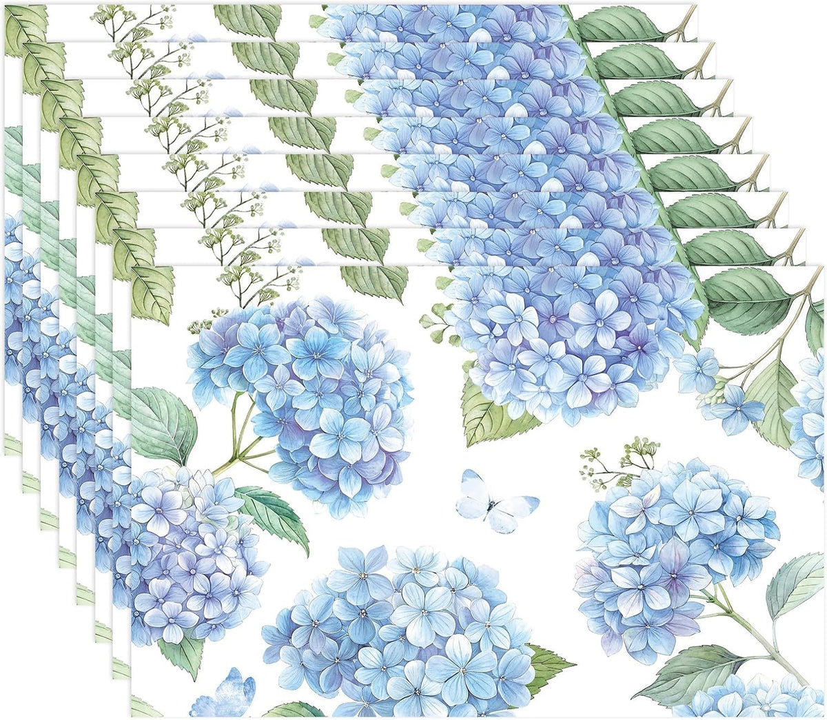 50Pcs Blue Hydrangea Paper Placemats 11" x 17" - Floral Disposable Table Mats - Grencian