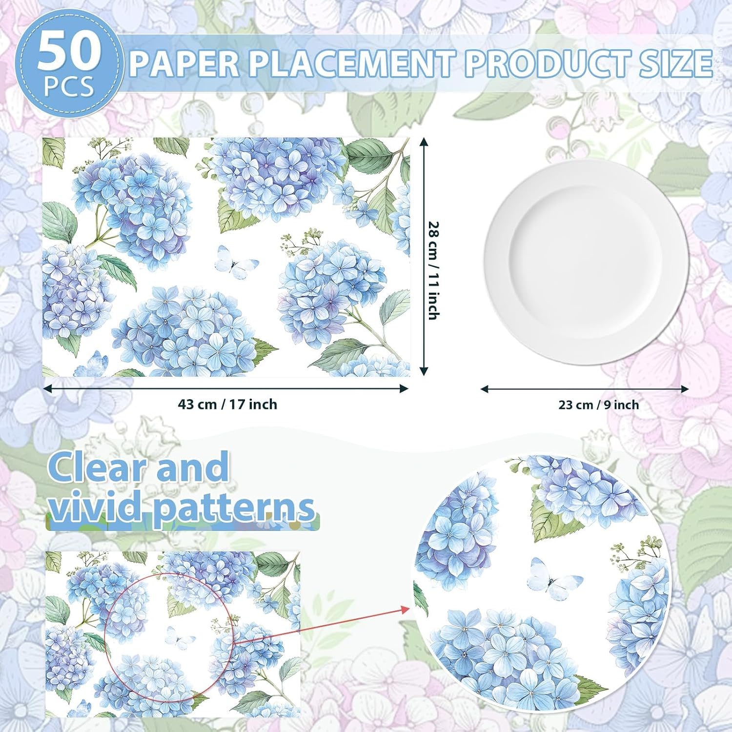 50Pcs Blue Hydrangea Paper Placemats 11" x 17" - Floral Disposable Table Mats - Grencian