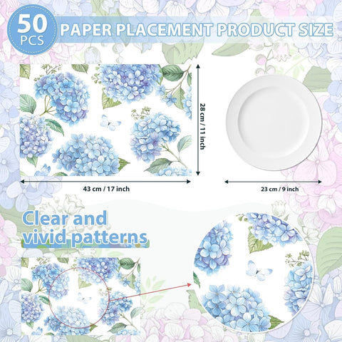 50Pcs Blue Hydrangea Paper Placemats 11" x 17" - Floral Disposable Table Mats - Grencian