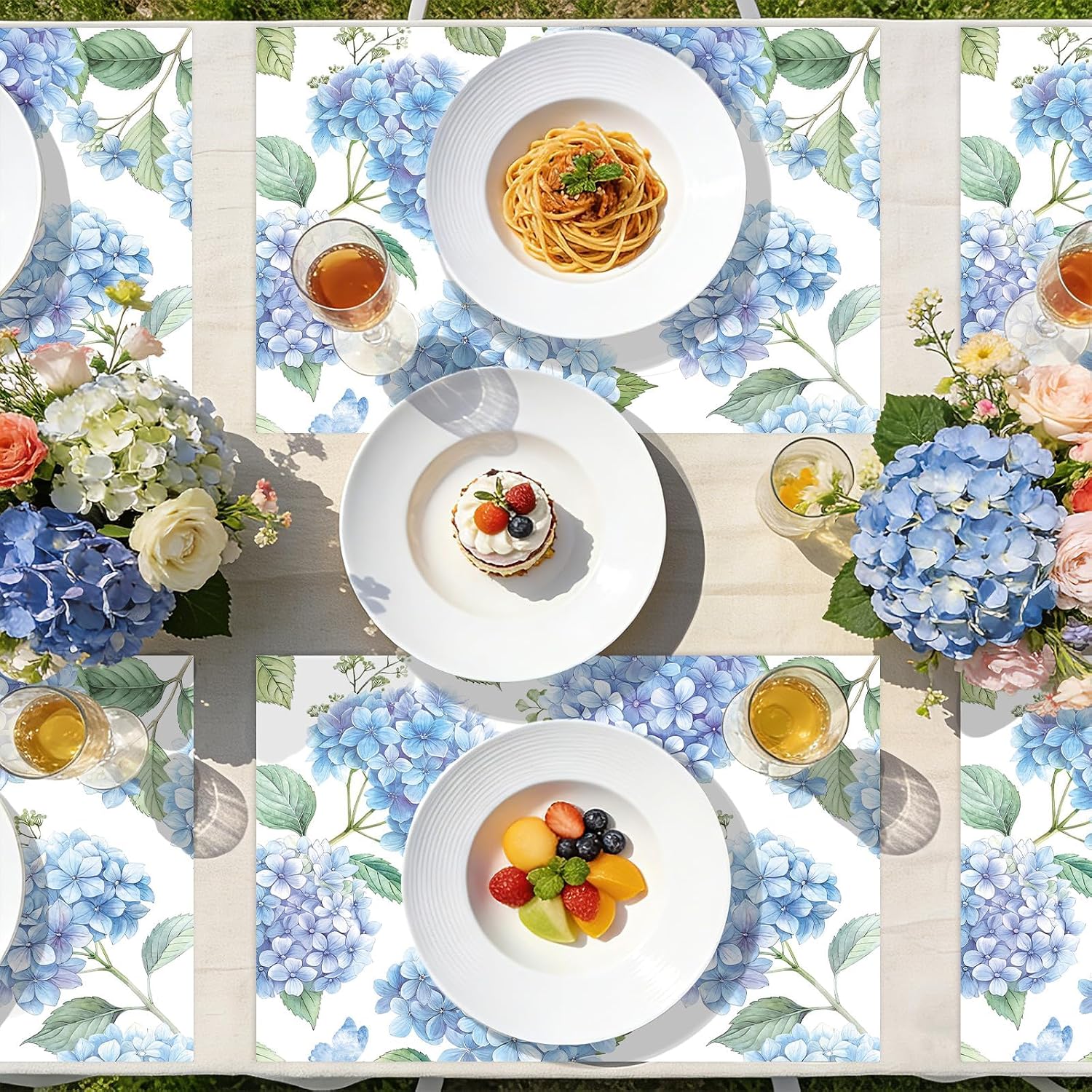 50Pcs Blue Hydrangea Paper Placemats 11" x 17" - Floral Disposable Table Mats - Grencian