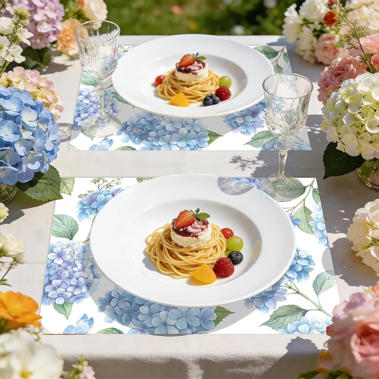 50Pcs Blue Hydrangea Paper Placemats 11" x 17" - Floral Disposable Table Mats - Grencian
