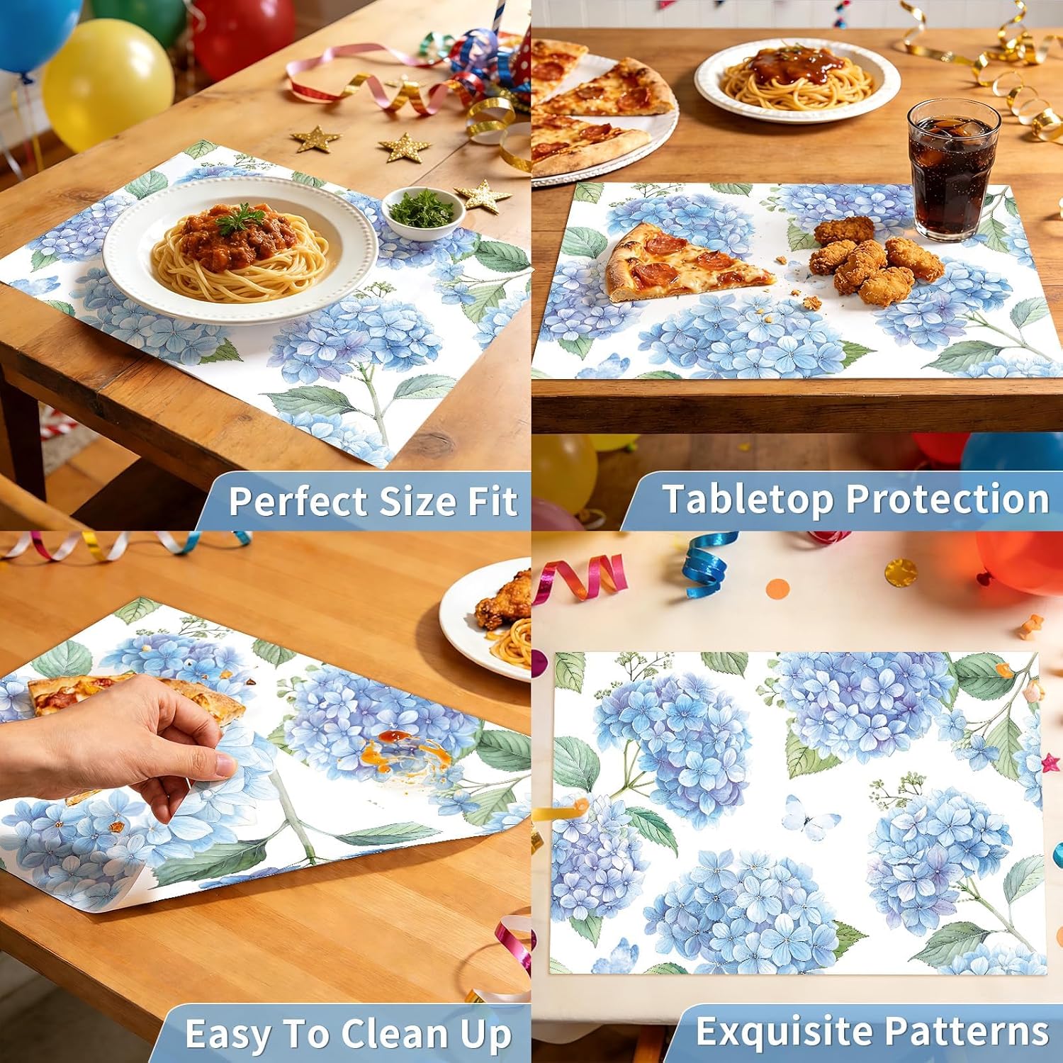 50Pcs Blue Hydrangea Paper Placemats 11" x 17" - Floral Disposable Table Mats - Grencian