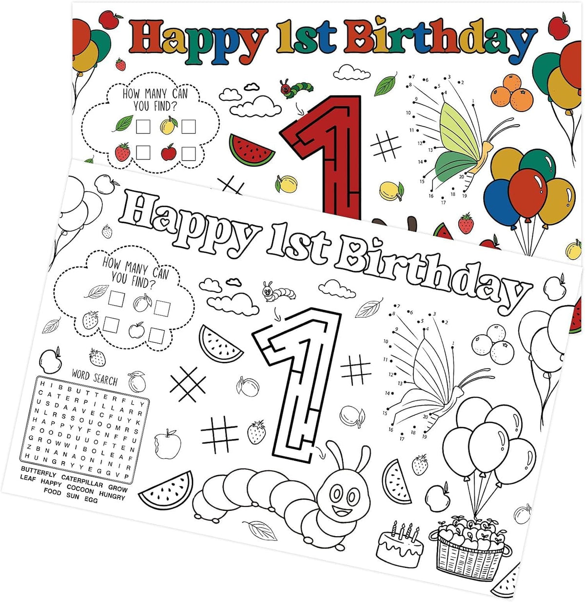 50Pcs Caterpillar 1st Birthday Coloring Placemats 11" x 17" - Hungry Caterpillar Activity Table Mats - Grencian