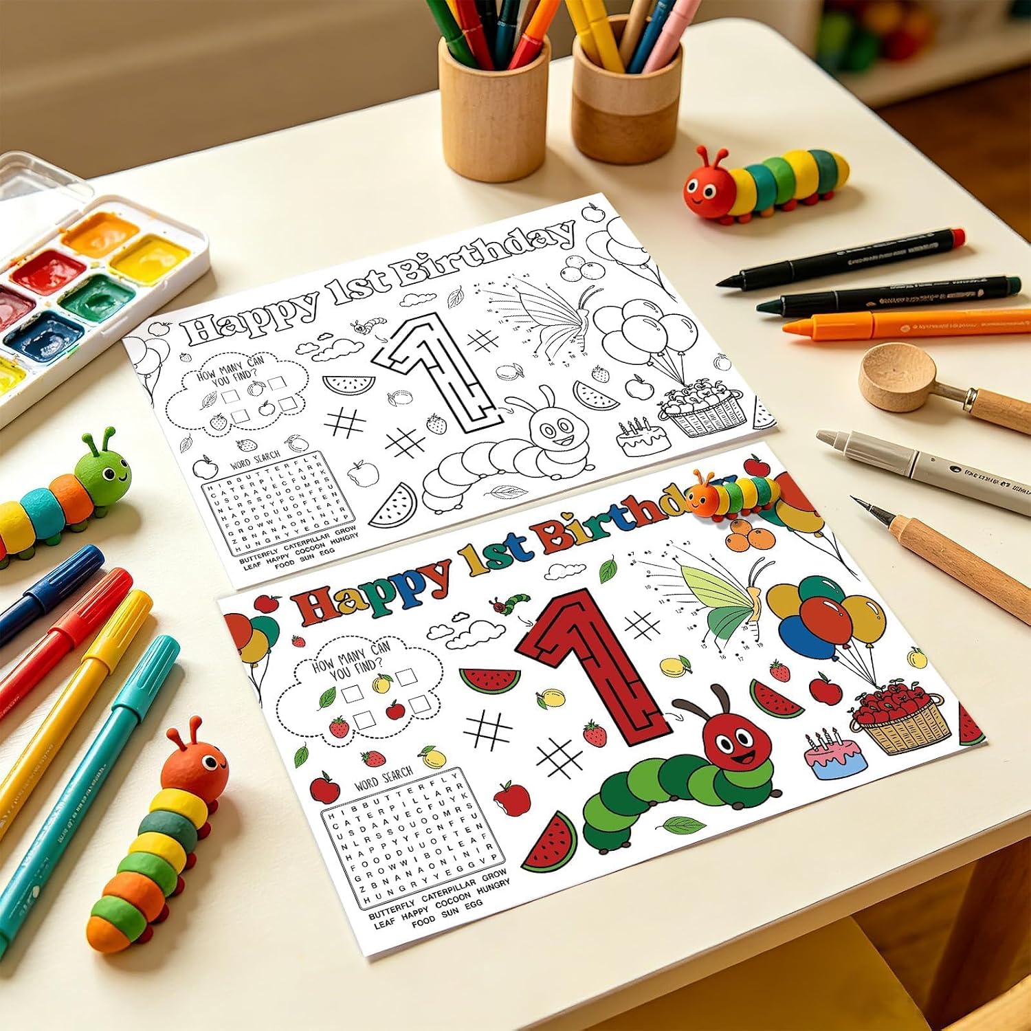 50Pcs Caterpillar 1st Birthday Coloring Placemats 11" x 17" - Hungry Caterpillar Activity Table Mats - Grencian