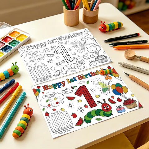 50Pcs Caterpillar 1st Birthday Coloring Placemats 11" x 17" - Hungry Caterpillar Activity Table Mats - Grencian