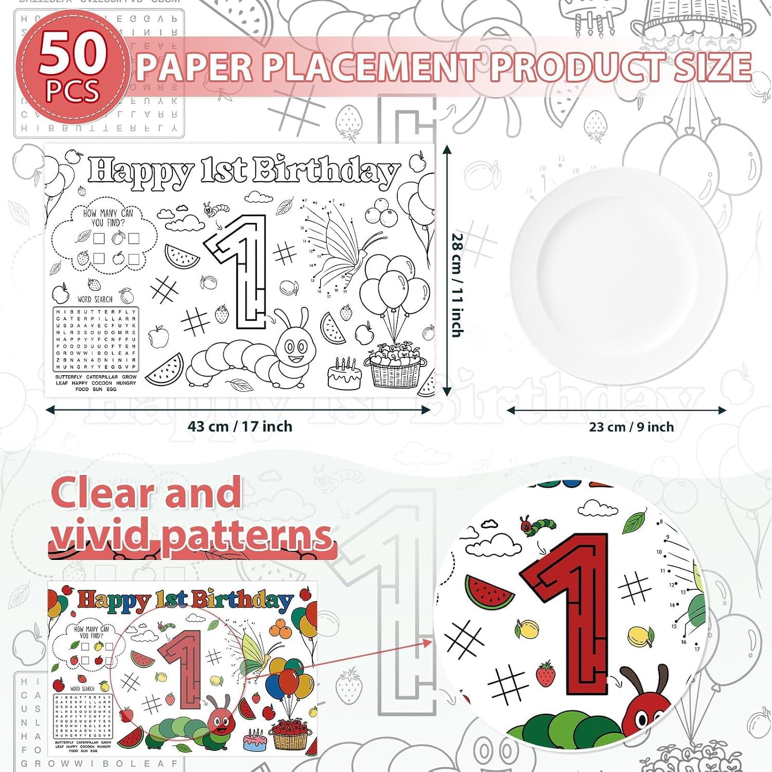 50Pcs Caterpillar 1st Birthday Coloring Placemats 11" x 17" - Hungry Caterpillar Activity Table Mats - Grencian