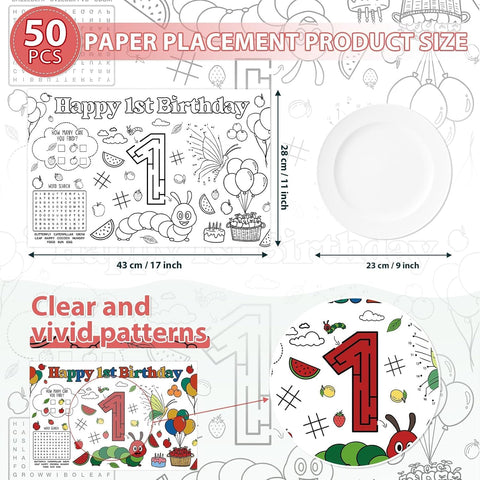 50Pcs Caterpillar 1st Birthday Coloring Placemats 11" x 17" - Hungry Caterpillar Activity Table Mats - Grencian