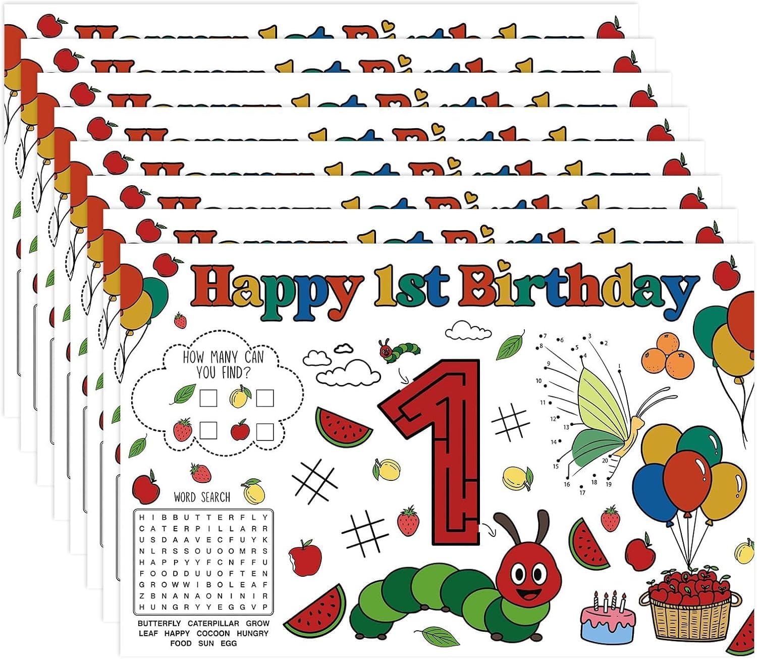 50Pcs Caterpillar 1st Birthday Coloring Placemats 11" x 17" - Hungry Caterpillar Activity Table Mats - Grencian