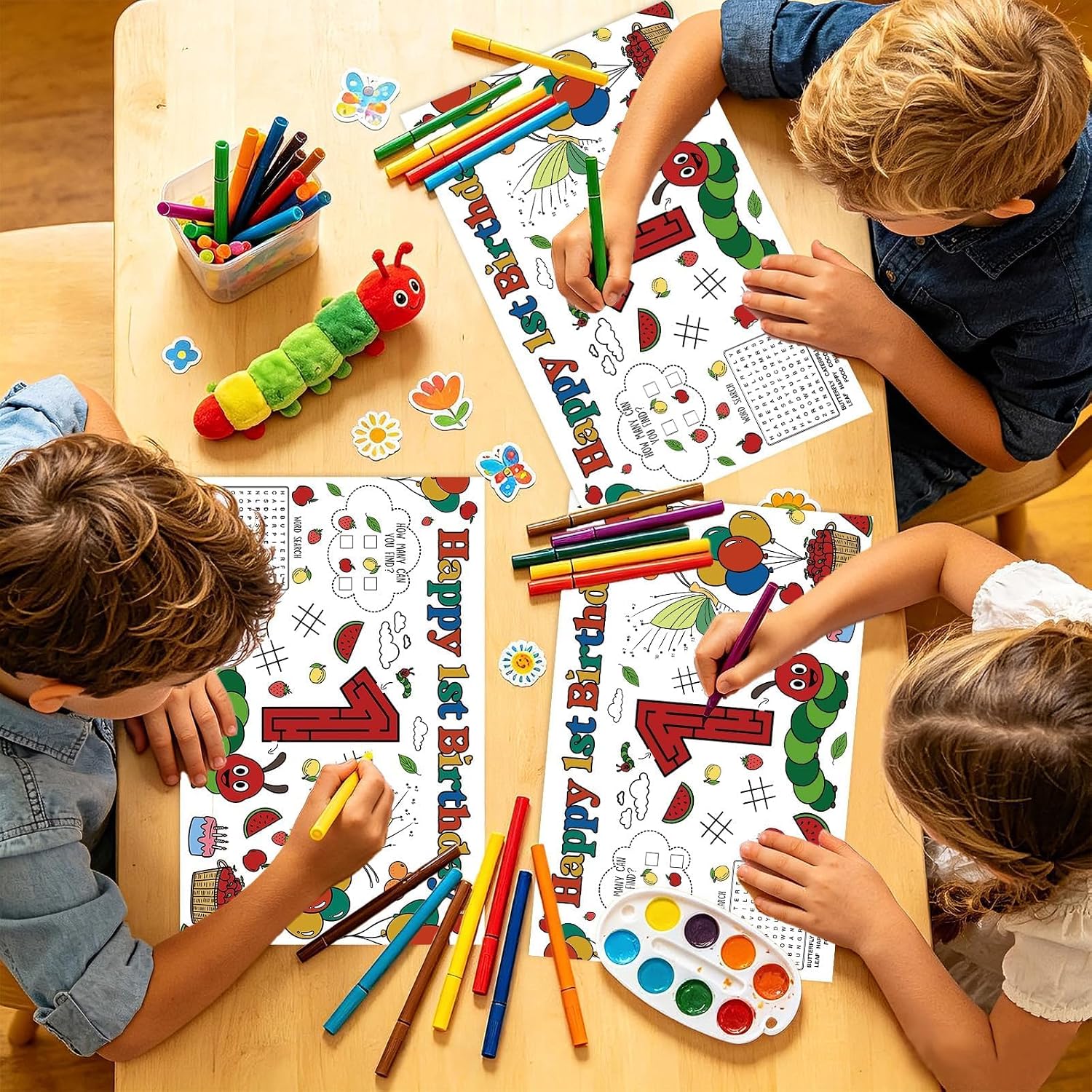 50Pcs Caterpillar 1st Birthday Coloring Placemats 11" x 17" - Hungry Caterpillar Activity Table Mats - Grencian
