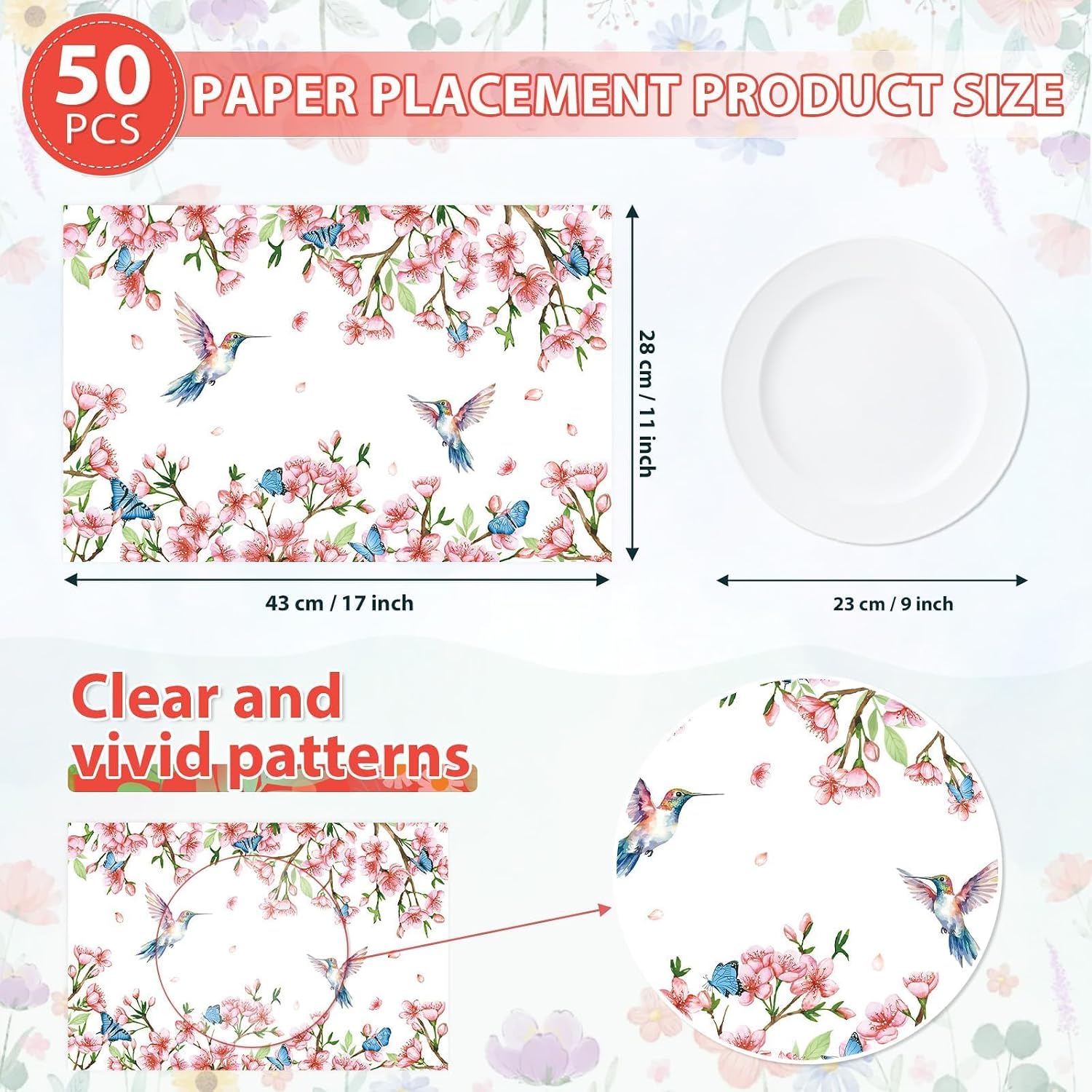 50Pcs Flower Bird Butterfly Paper Placemats 11" x 17" - Hummingbird Floral Disposable Table Mats - Grencian