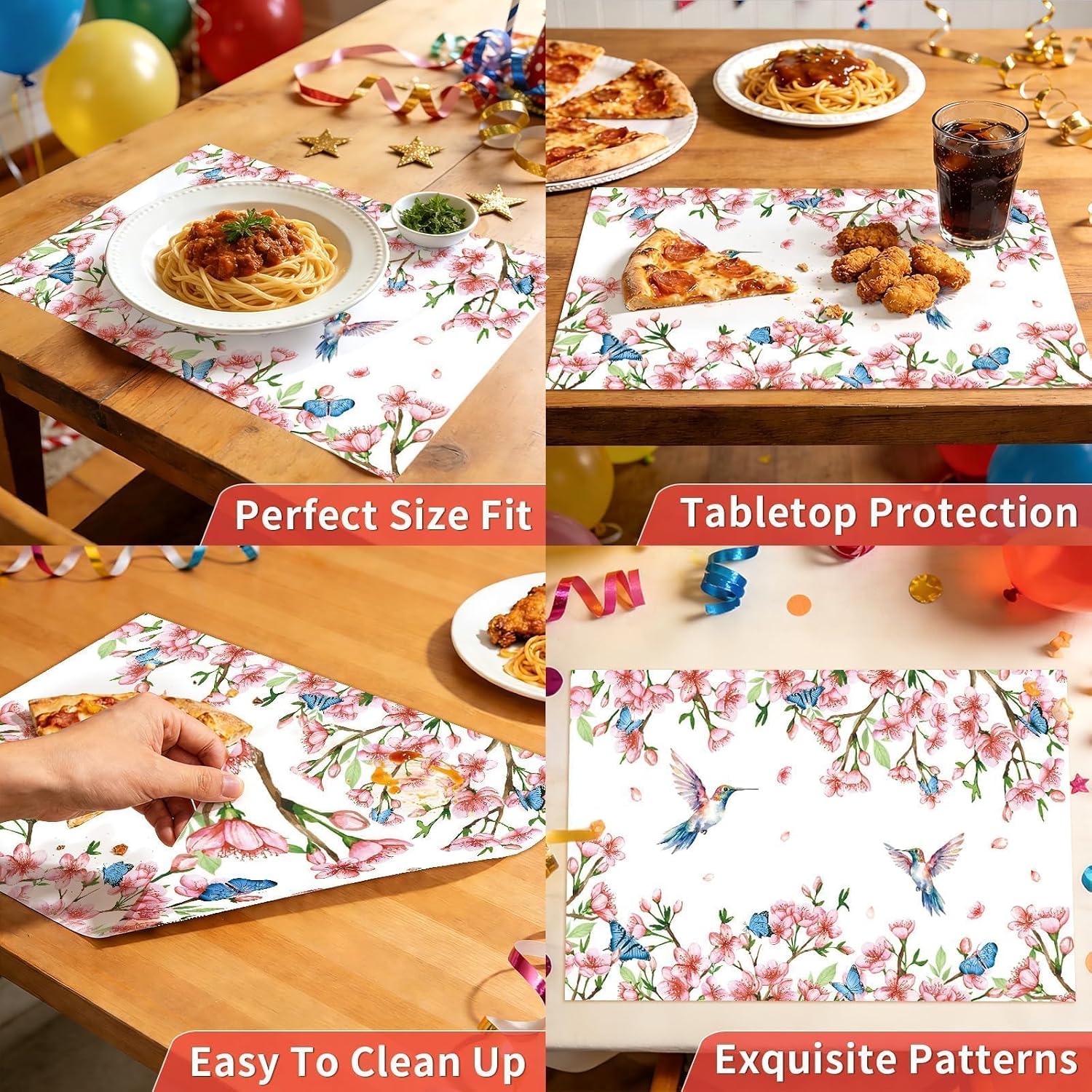 50Pcs Flower Bird Butterfly Paper Placemats 11" x 17" - Hummingbird Floral Disposable Table Mats - Grencian