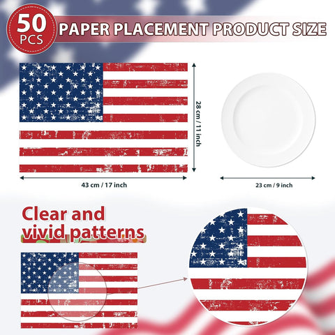 50Pcs July Patriotic Paper Placemats 11" x 17" - USA Flag 250th Anniversary Independence Day Table Mats - Grencian