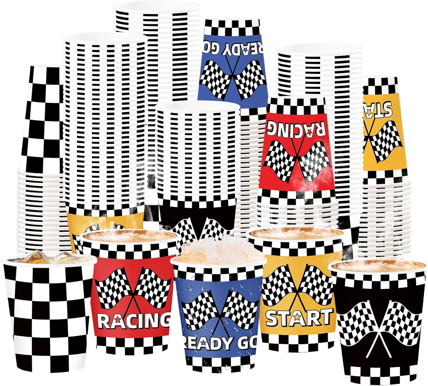 50Pcs Race Car Paper Cups 9oz - Checkered Flag Blue Red Yellow Racing Disposable Hot Cold Cups for Kid Boy Birthday - Grencian