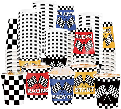 50Pcs Race Car Paper Cups 9oz - Checkered Flag Blue Red Yellow Racing Disposable Hot Cold Cups for Kid Boy Birthday - Grencian