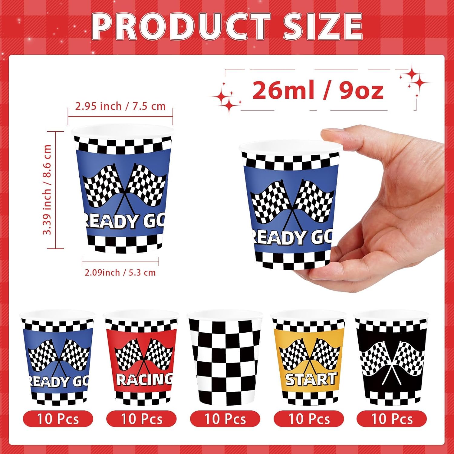 50Pcs Race Car Paper Cups 9oz - Checkered Flag Blue Red Yellow Racing Disposable Hot Cold Cups for Kid Boy Birthday - Grencian