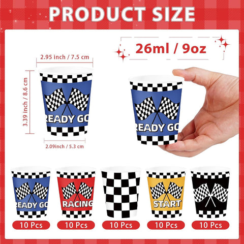 50Pcs Race Car Paper Cups 9oz - Checkered Flag Blue Red Yellow Racing Disposable Hot Cold Cups for Kid Boy Birthday - Grencian