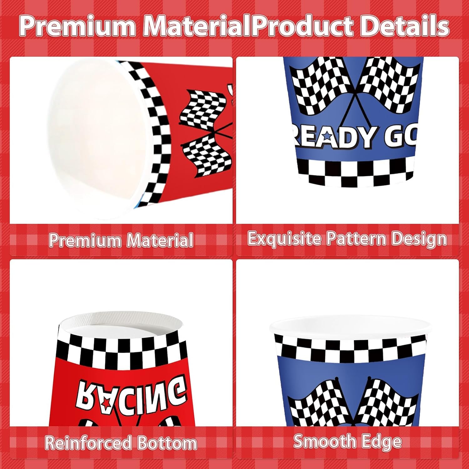 50Pcs Race Car Paper Cups 9oz - Checkered Flag Blue Red Yellow Racing Disposable Hot Cold Cups for Kid Boy Birthday - Grencian