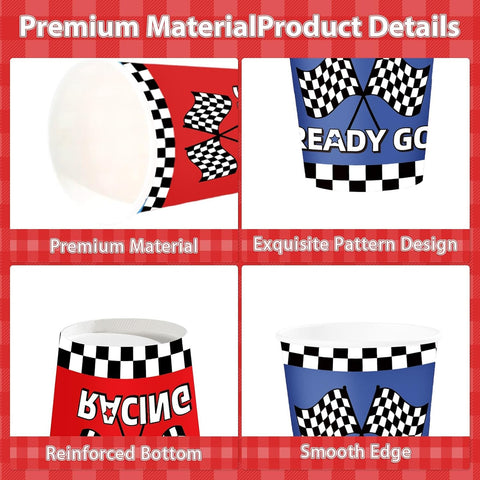 50Pcs Race Car Paper Cups 9oz - Checkered Flag Blue Red Yellow Racing Disposable Hot Cold Cups for Kid Boy Birthday - Grencian