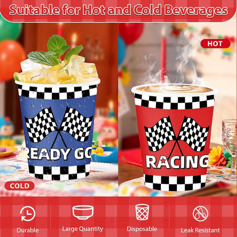 50Pcs Race Car Paper Cups 9oz - Checkered Flag Blue Red Yellow Racing Disposable Hot Cold Cups for Kid Boy Birthday - Grencian