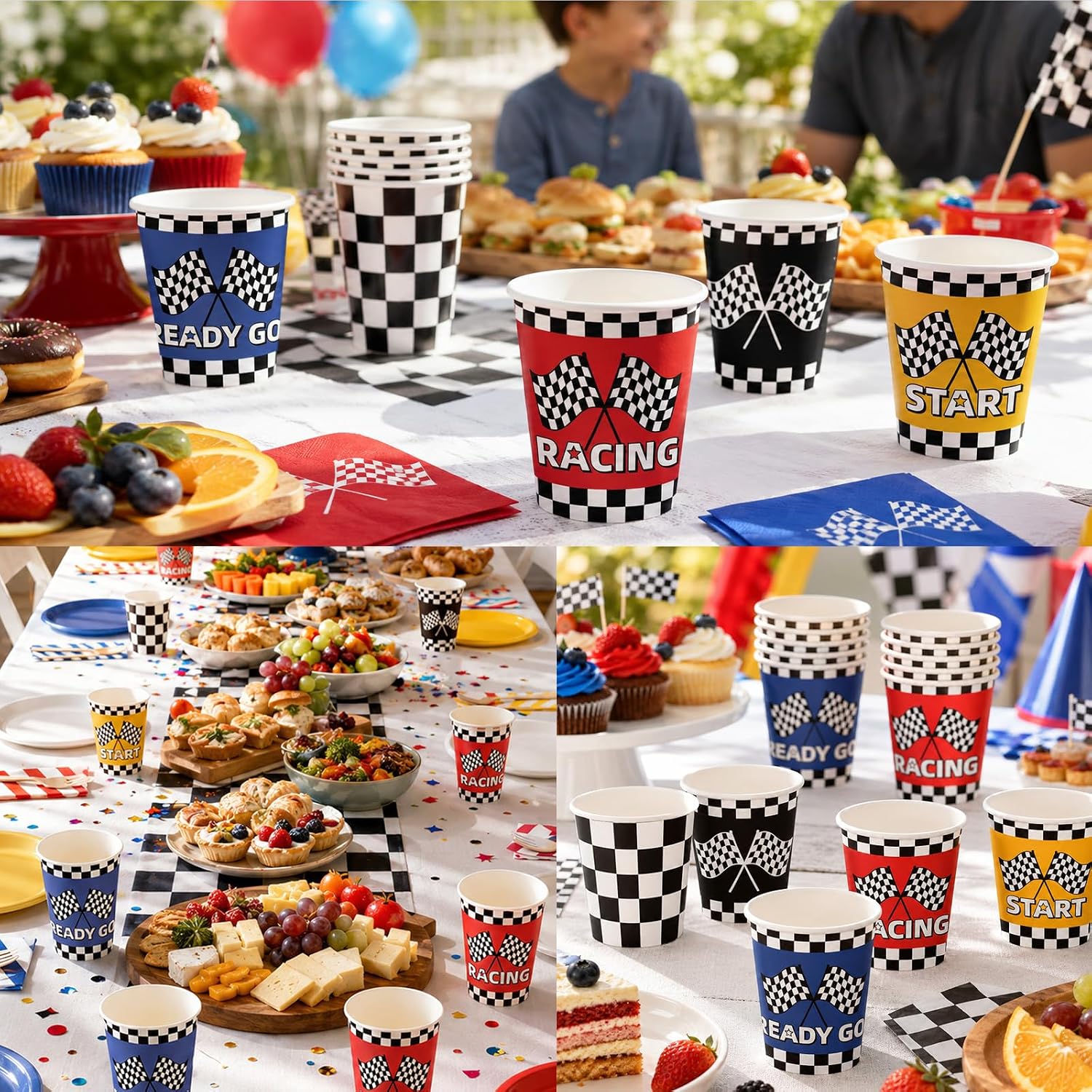 50Pcs Race Car Paper Cups 9oz - Checkered Flag Blue Red Yellow Racing Disposable Hot Cold Cups for Kid Boy Birthday - Grencian