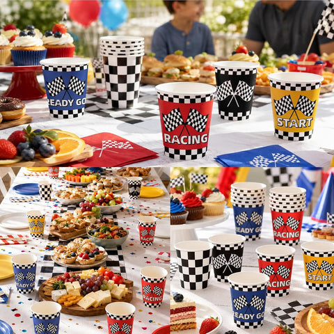 50Pcs Race Car Paper Cups 9oz - Checkered Flag Blue Red Yellow Racing Disposable Hot Cold Cups for Kid Boy Birthday - Grencian