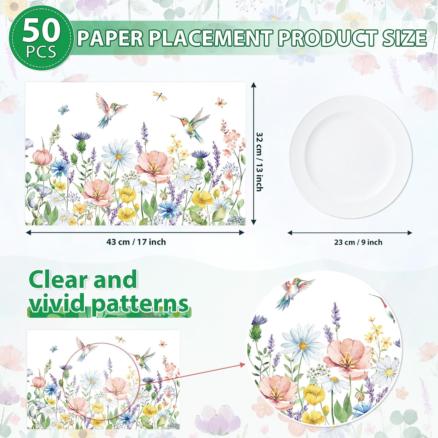 50Pcs Summer Wildflower Paper Placemats 11" x 17" - Hummingbird Floral Table Mats - Grencian