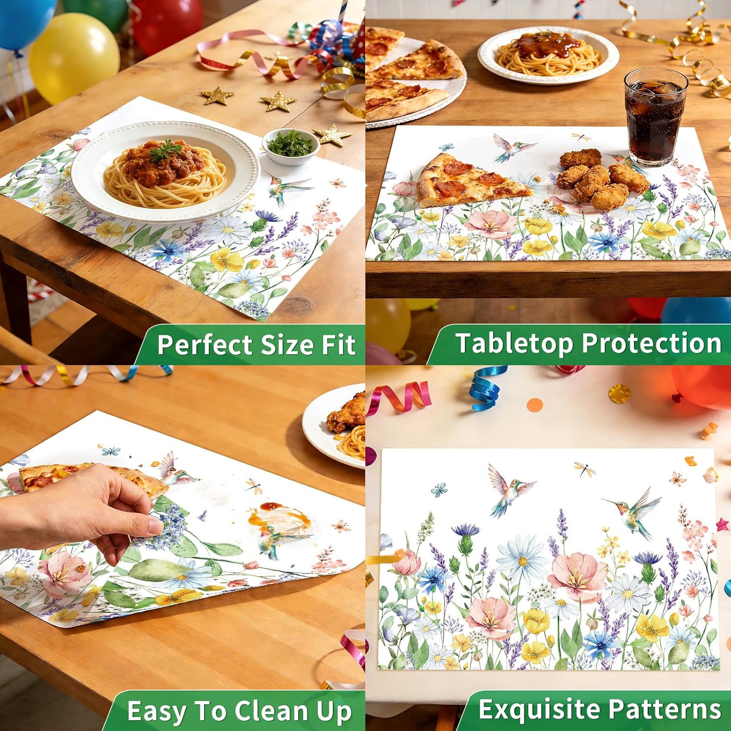 50Pcs Summer Wildflower Paper Placemats 11" x 17" - Hummingbird Floral Table Mats - Grencian