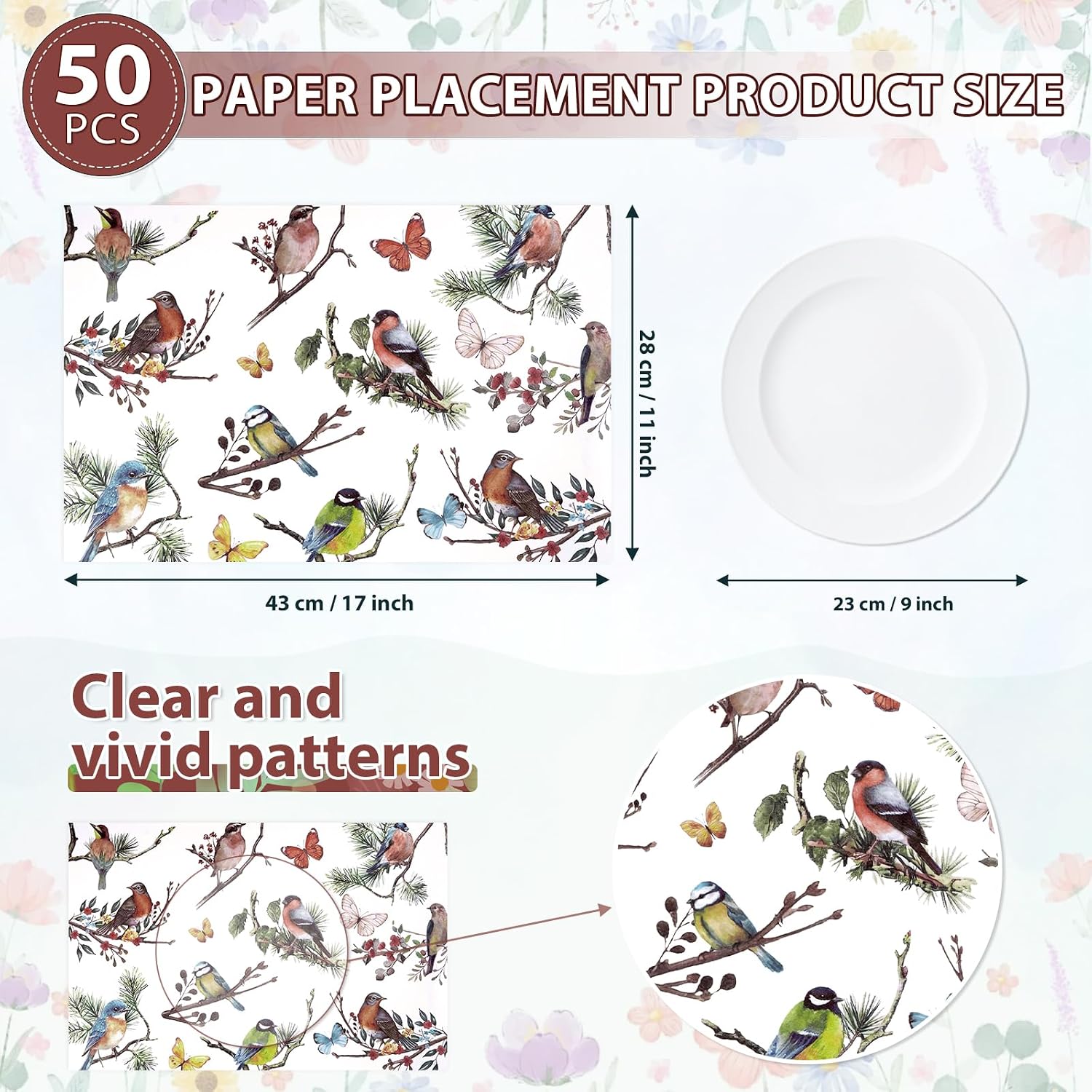 50Pcs Vintage Bird Paper Placemats 11" x 17" - Floral Butterfly Disposable Table Mats - Grencian