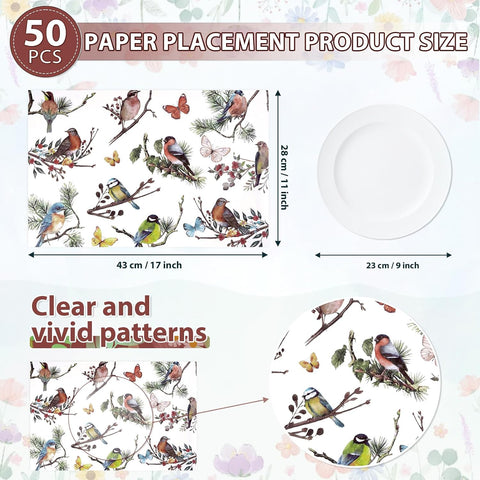 50Pcs Vintage Bird Paper Placemats 11" x 17" - Floral Butterfly Disposable Table Mats - Grencian