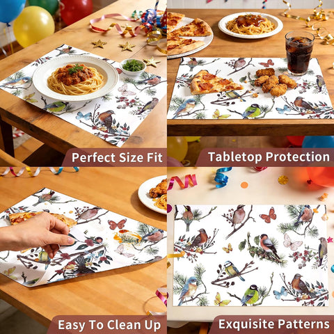 50Pcs Vintage Bird Paper Placemats 11" x 17" - Floral Butterfly Disposable Table Mats - Grencian