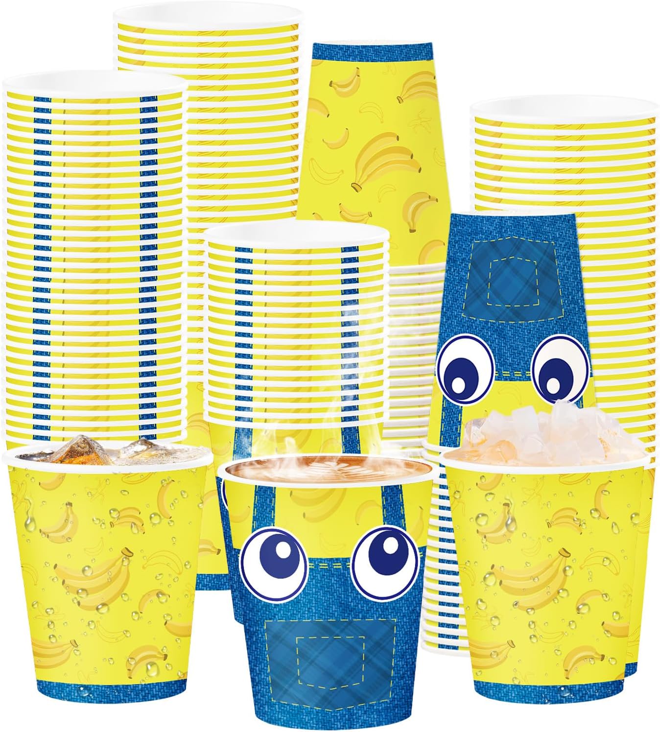 50Pcs Yellow Jeans Birthday Coffee Paper Cups 9oz - Banana Big Eyes Cartoon Disposable Hot Cold Cups for Boy Girl Party - Grencian