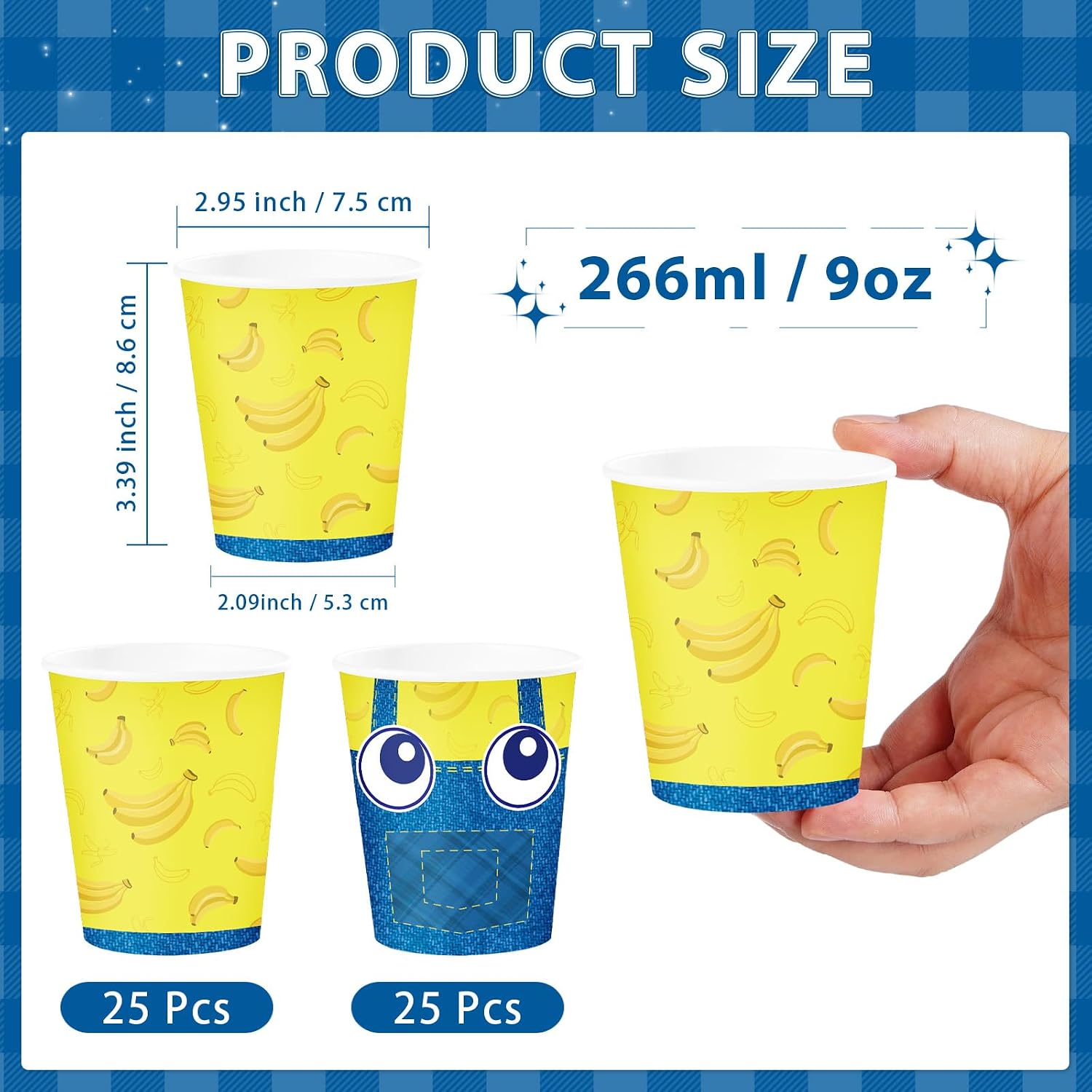 50Pcs Yellow Jeans Birthday Coffee Paper Cups 9oz - Banana Big Eyes Cartoon Disposable Hot Cold Cups for Boy Girl Party - Grencian