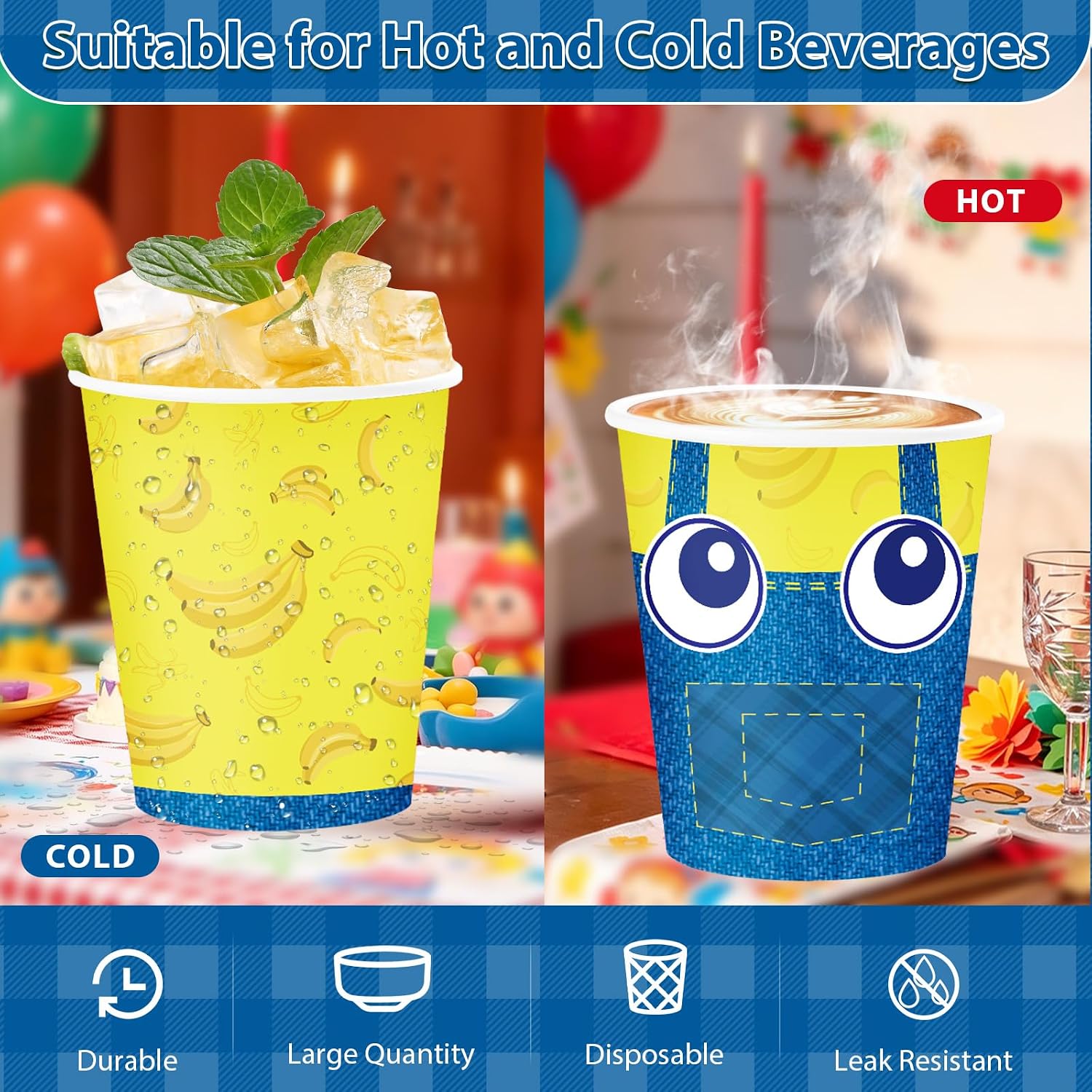 50Pcs Yellow Jeans Birthday Coffee Paper Cups 9oz - Banana Big Eyes Cartoon Disposable Hot Cold Cups for Boy Girl Party - Grencian