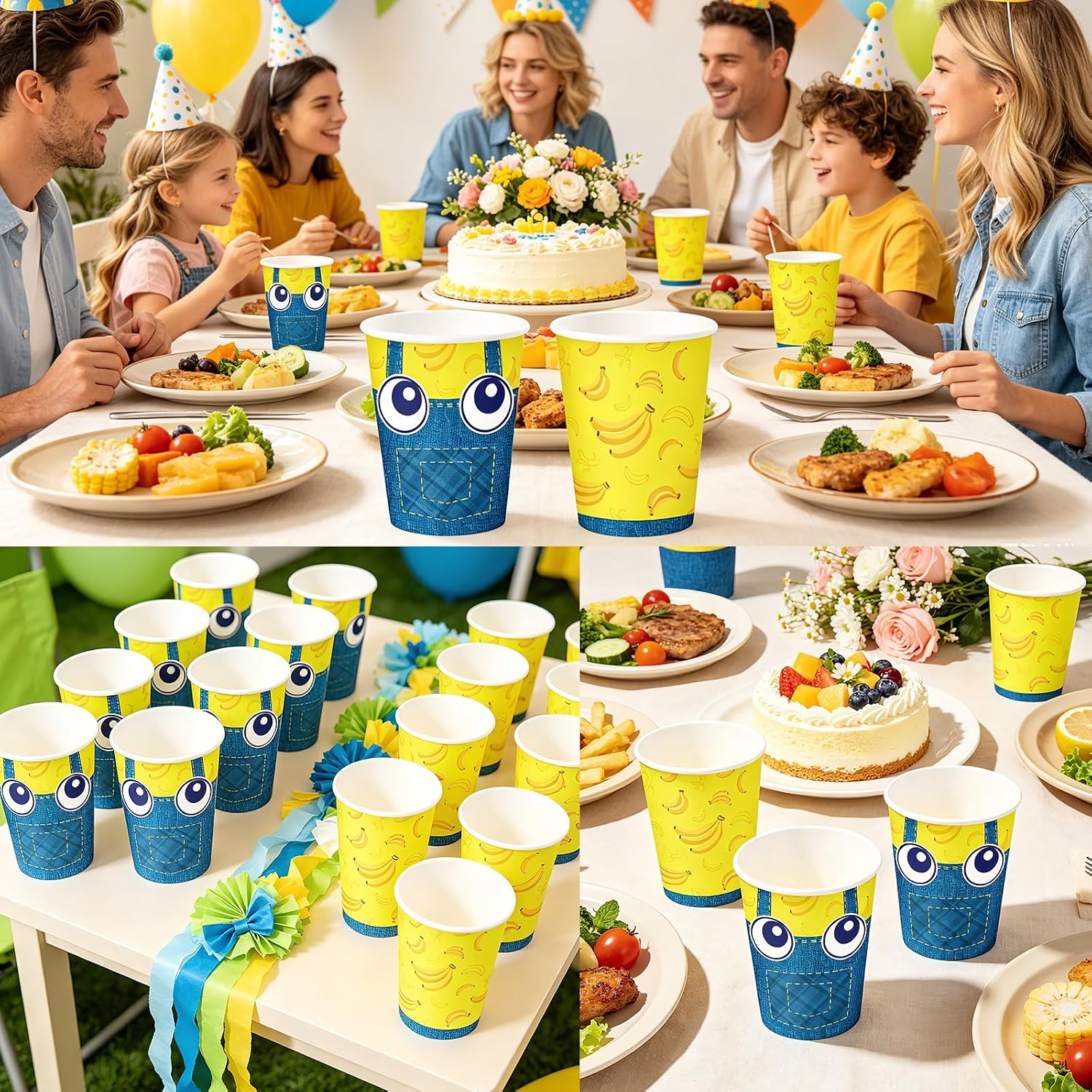 50Pcs Yellow Jeans Birthday Coffee Paper Cups 9oz - Banana Big Eyes Cartoon Disposable Hot Cold Cups for Boy Girl Party - Grencian