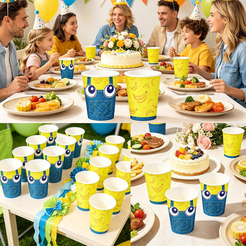 50Pcs Yellow Jeans Birthday Coffee Paper Cups 9oz - Banana Big Eyes Cartoon Disposable Hot Cold Cups for Boy Girl Party - Grencian