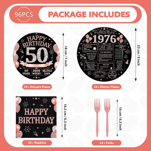 50th Birthday Rose Gold Black Party Plates and Napkins Set - 168 Pcs Serves 24 - Grencian
