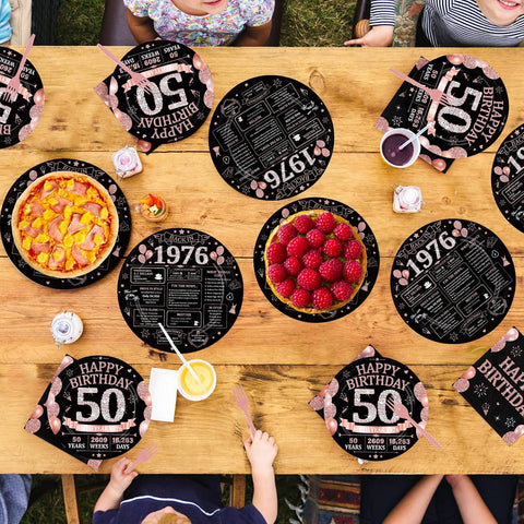 50th Birthday Rose Gold Black Party Plates and Napkins Set - 168 Pcs Serves 24 - Grencian