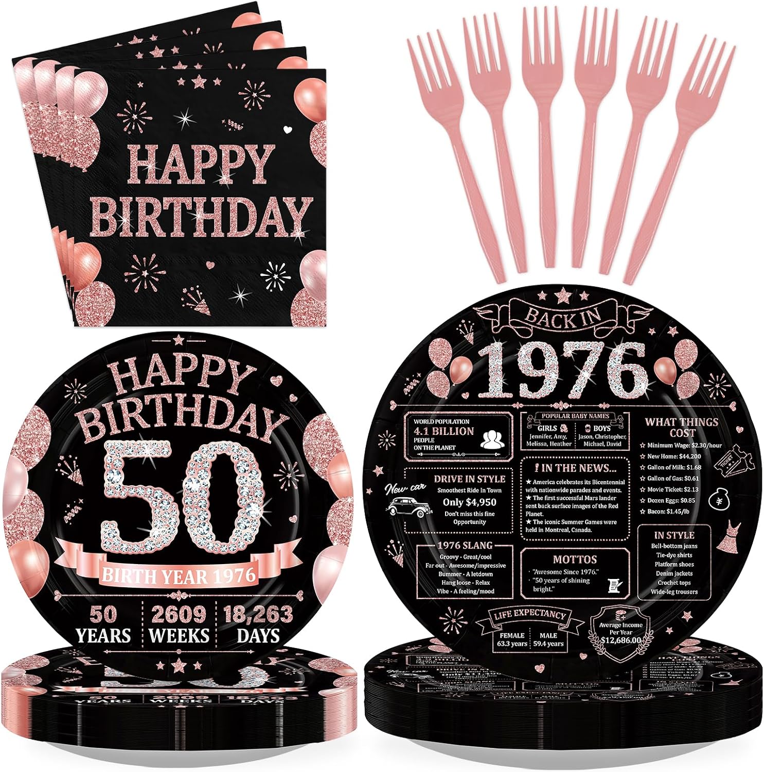 50th Birthday Rose Gold Black Party Plates and Napkins Set - 168 Pcs Serves 24 - Grencian