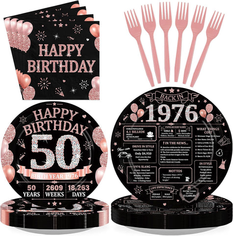 50th Birthday Rose Gold Black Party Plates and Napkins Set - 168 Pcs Serves 24 - Grencian