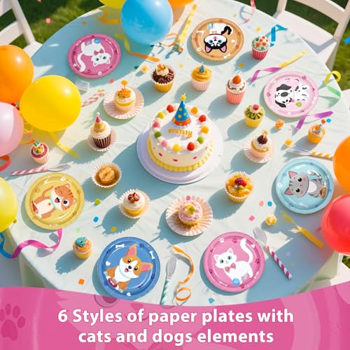 60 Pcs 7-inch Cat and Dog Party Plates - Grencian