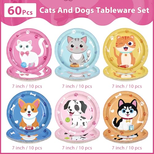 60 Pcs 7-inch Cat and Dog Party Plates - Grencian